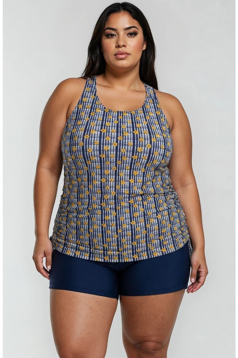 Plus Size Maya Tankini Swim Top Removable Cups and Navy Swim Shorts Set, Main, color, Sunflower Picnic