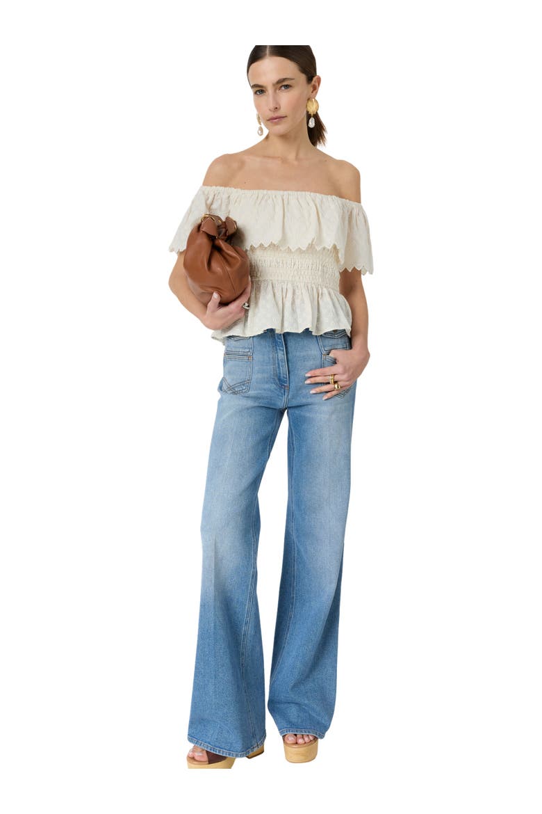 Smocked Bardot Ruffle Eyelet Blouse, Alternate, color, White