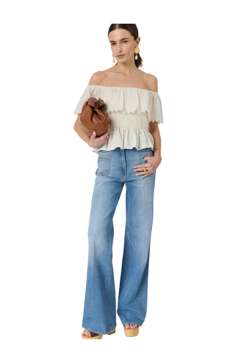GERARD DAREL Smocked Bardot Ruffle Eyelet Blouse, Alternate, color, White