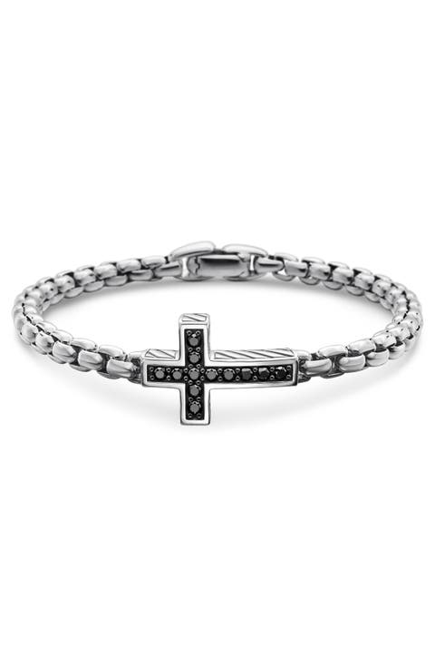 Cross Station Bracelet in Sterling Silver with Black Diamonds