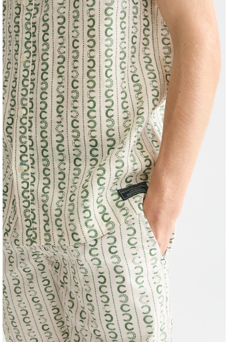 Horseshoe Print Short Sleeve Linen Button-Up Shirt, Alternate, color, HORSESHOE STRIPE EGG