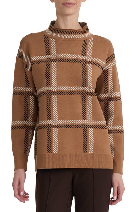 Plaid Jacquard Mock Neck Sweater