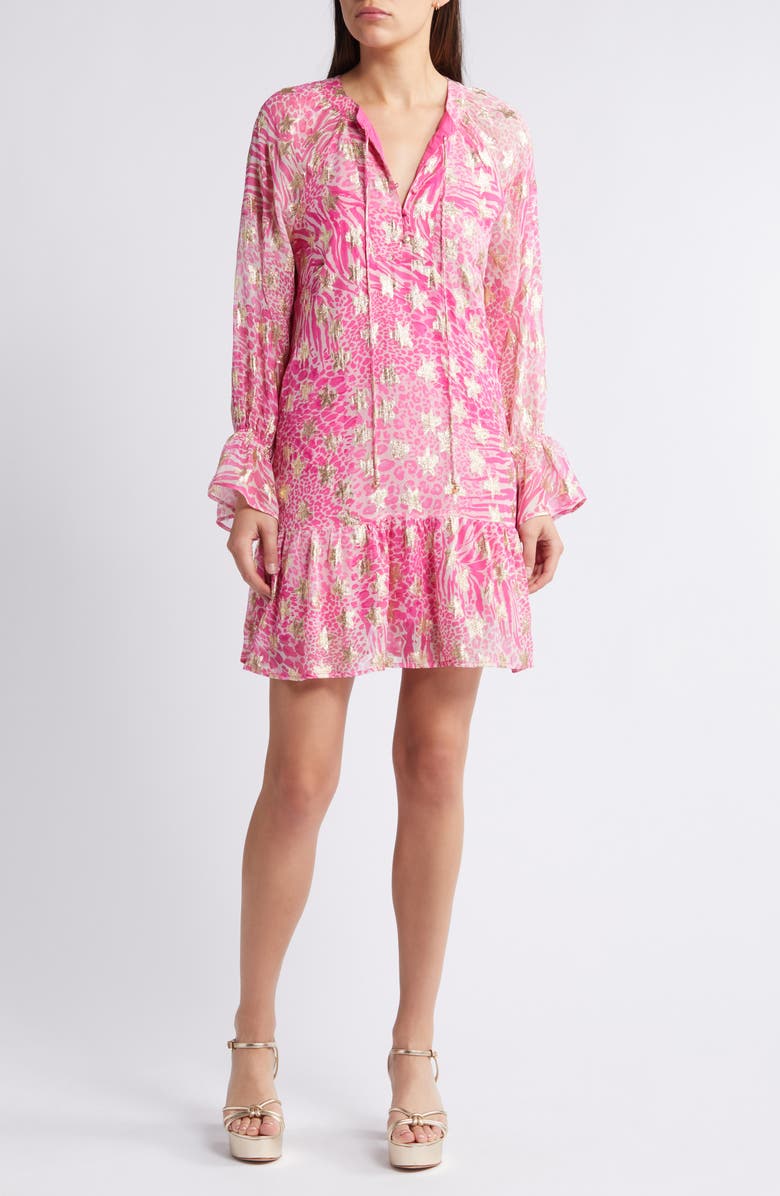 CIEBON Harriet Metallic Star Animal Print Dress, Main, color, Magenta