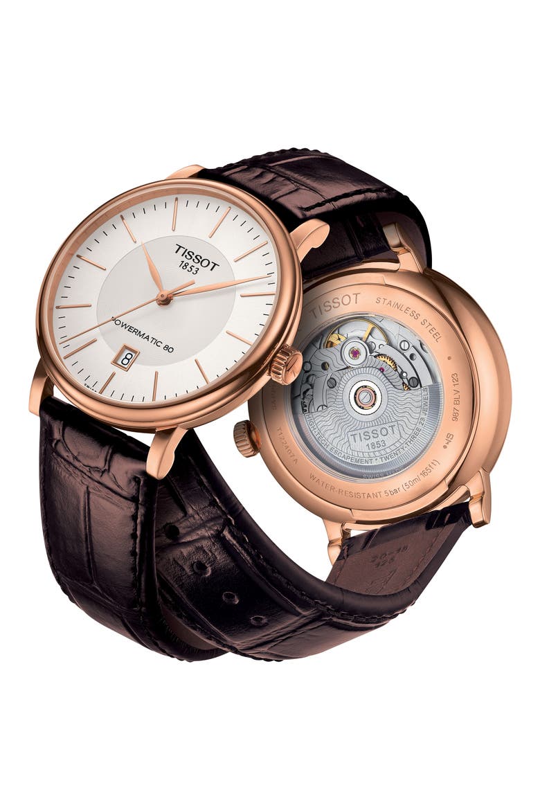 Premium Carson Powermatic 80 Leather Strap Watch, 40mm, Alternate, color, BROWN/ SILVER/ ROSE GOLD