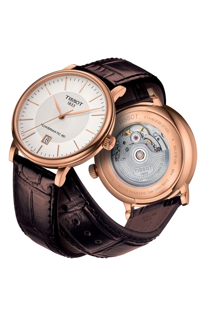 Tissot Premium Carson Powermatic 80 Leather Strap Watch, 40mm, Alternate, color, Brown/ Silver/ Rose Gold