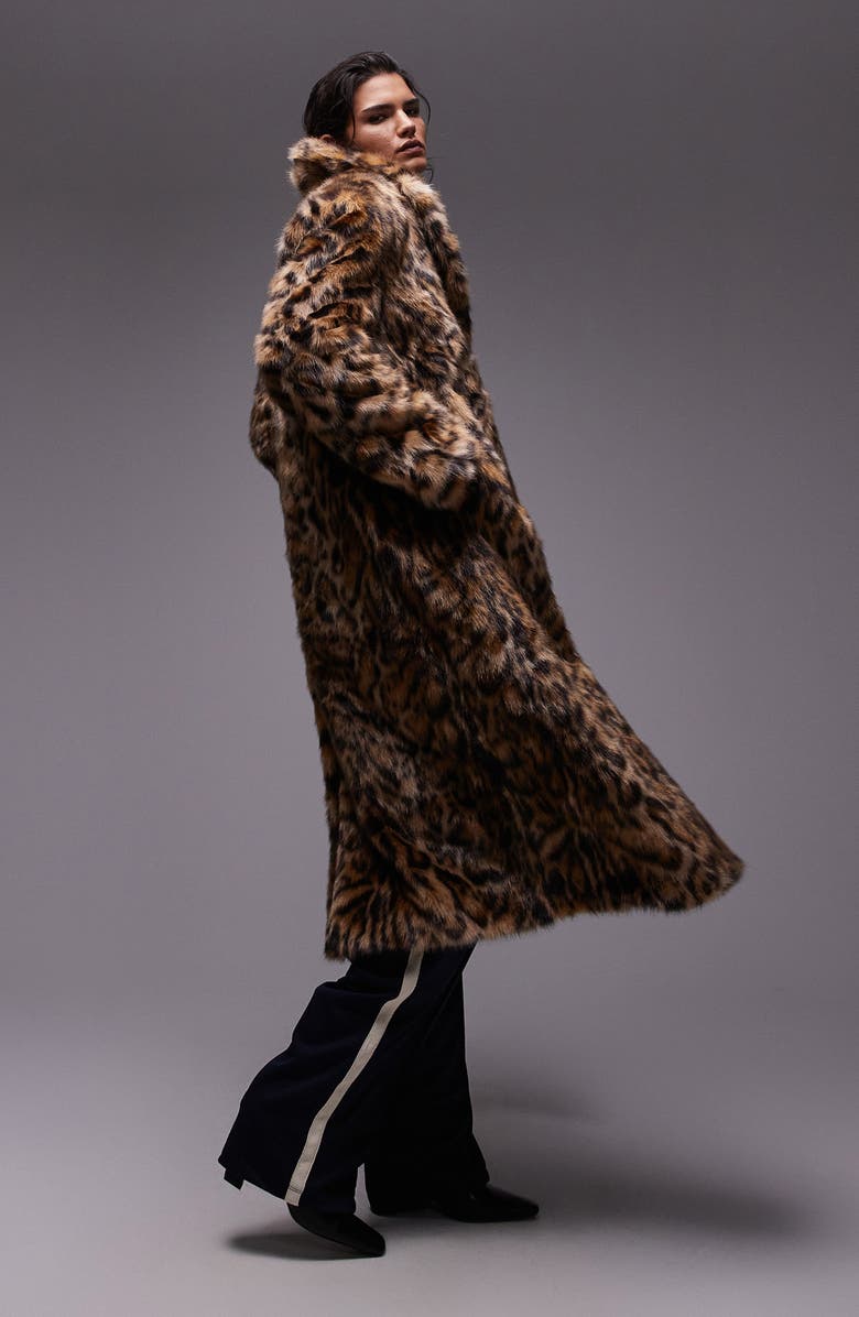 Topshop Leopard Faux Fur Longline Coat, Alternate, color, 