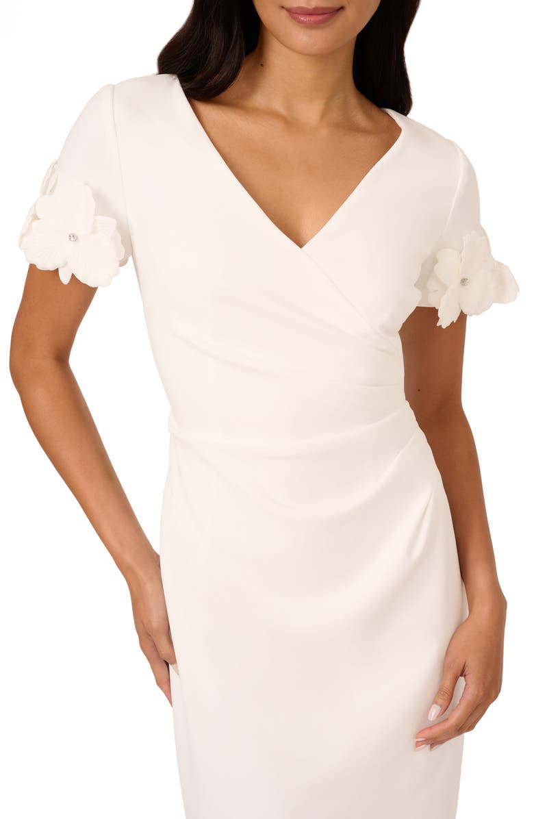 Adrianna Papell 3D Flower Cuff Crepe Faux Wrap Dress, Alternate, color, Ivory