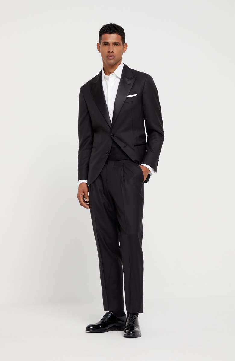 Brunello Cucinelli Lightweight virgin wool and silk twill tuxedo with peak lapel jacket and pleated trousers, Alternate, color, 