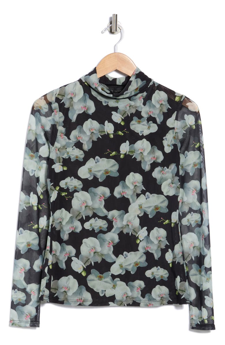 Ted Baker Mock Neck Long Sleeve Mesh Top, Main, color, Rich Black