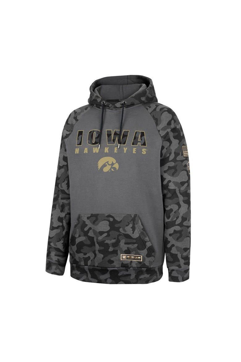 Men's Colosseum Charcoal Iowa Hawkeyes OHT Military Appreciation Camo Stack Raglan Pullover Hoodie, Alternate, color, Charcoal