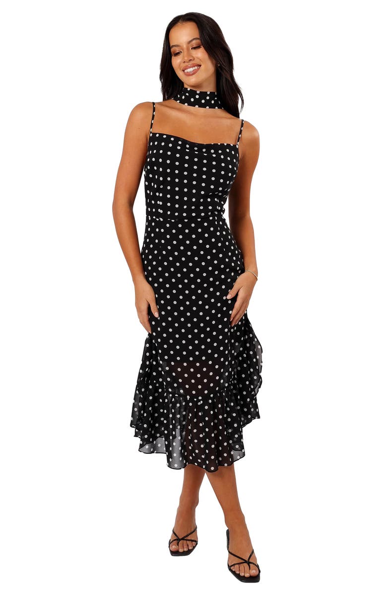 Petal & Pup Francesca Dot Midi Dress & Scarf, Main, color, Black Polka Dot
