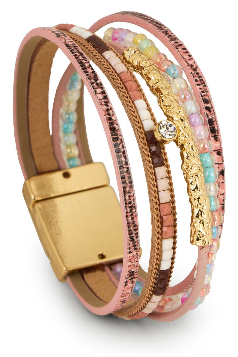 Mixed Bead Faux Leather Multistrand Bracelet, Main, color, PINK