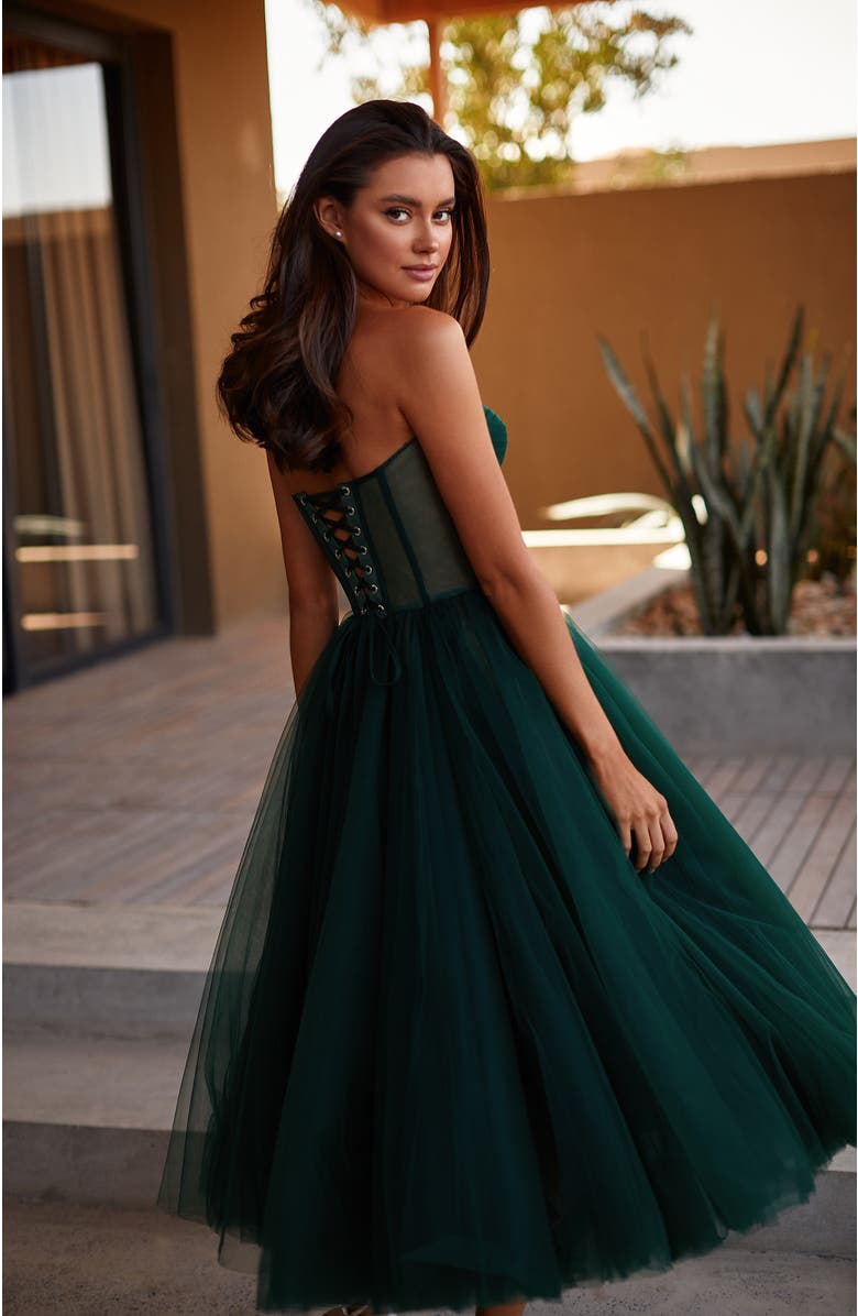 Milla Emerald Green Strapless Puffy Midi Tulle Dress, Alternate, color, Emerald Green