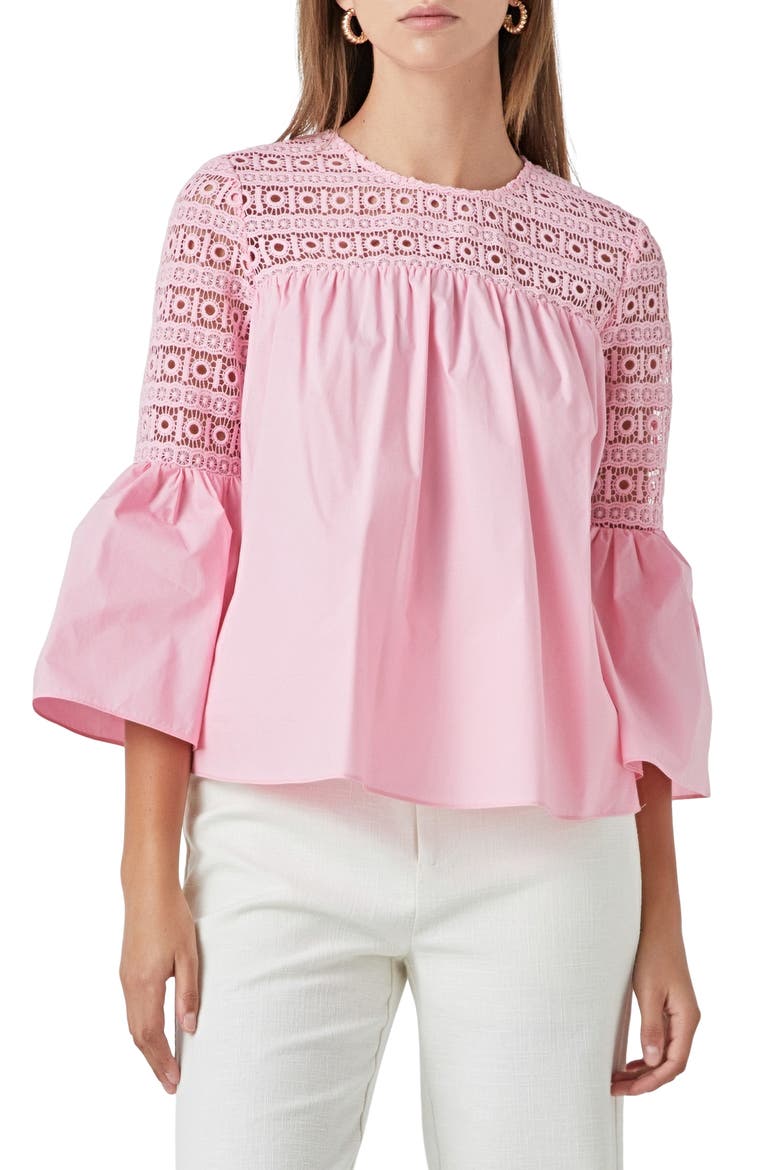 Bell Sleeve Lace Poplin Blouse, Main, color, PINK