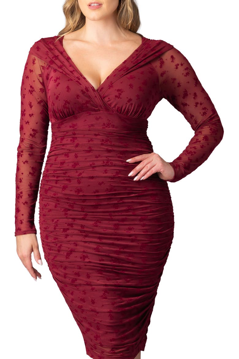 Betsey Ruched Elbow Sleeve Midi Bodycon Dress, Alternate, color, BURGUNDY FLOCKED FLORALS