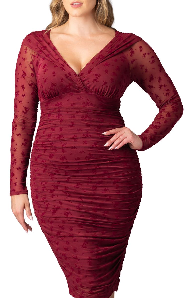 Kiyonna Betsey Ruched Elbow Sleeve Midi Bodycon Dress, Alternate, color, Burgundy Flocked Florals