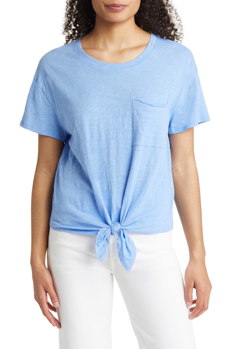 Crewneck Tie Front T-Shirt, Main, color, BLUE CORNFLOWER