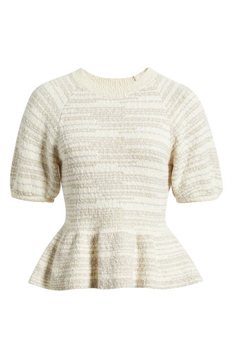 Space Dye Puff Sleeve Cotton Peplum Sweater