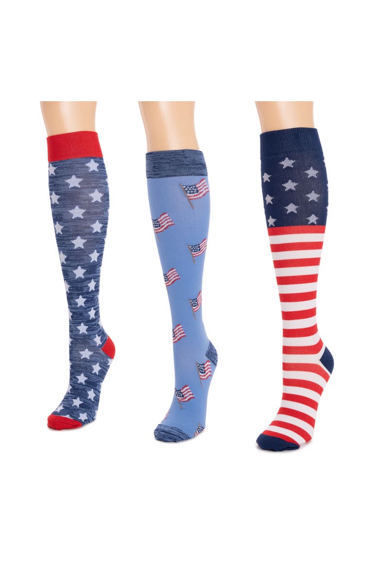 MUK LUKS Tall Nylon Blend Compression Socks 3 Pair Pack, Main, color, Red/White/Blue