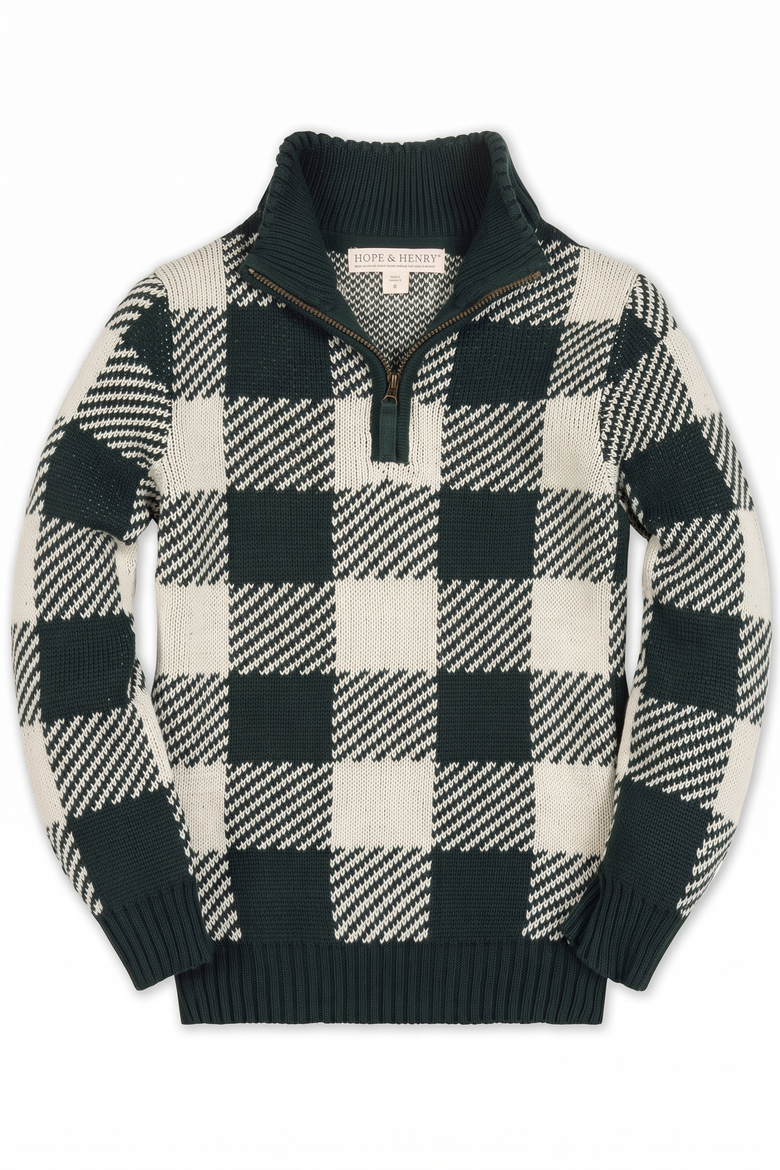 Kids' Organic Half Zip Intarsia Sweater, Main, color, Deep Green Check