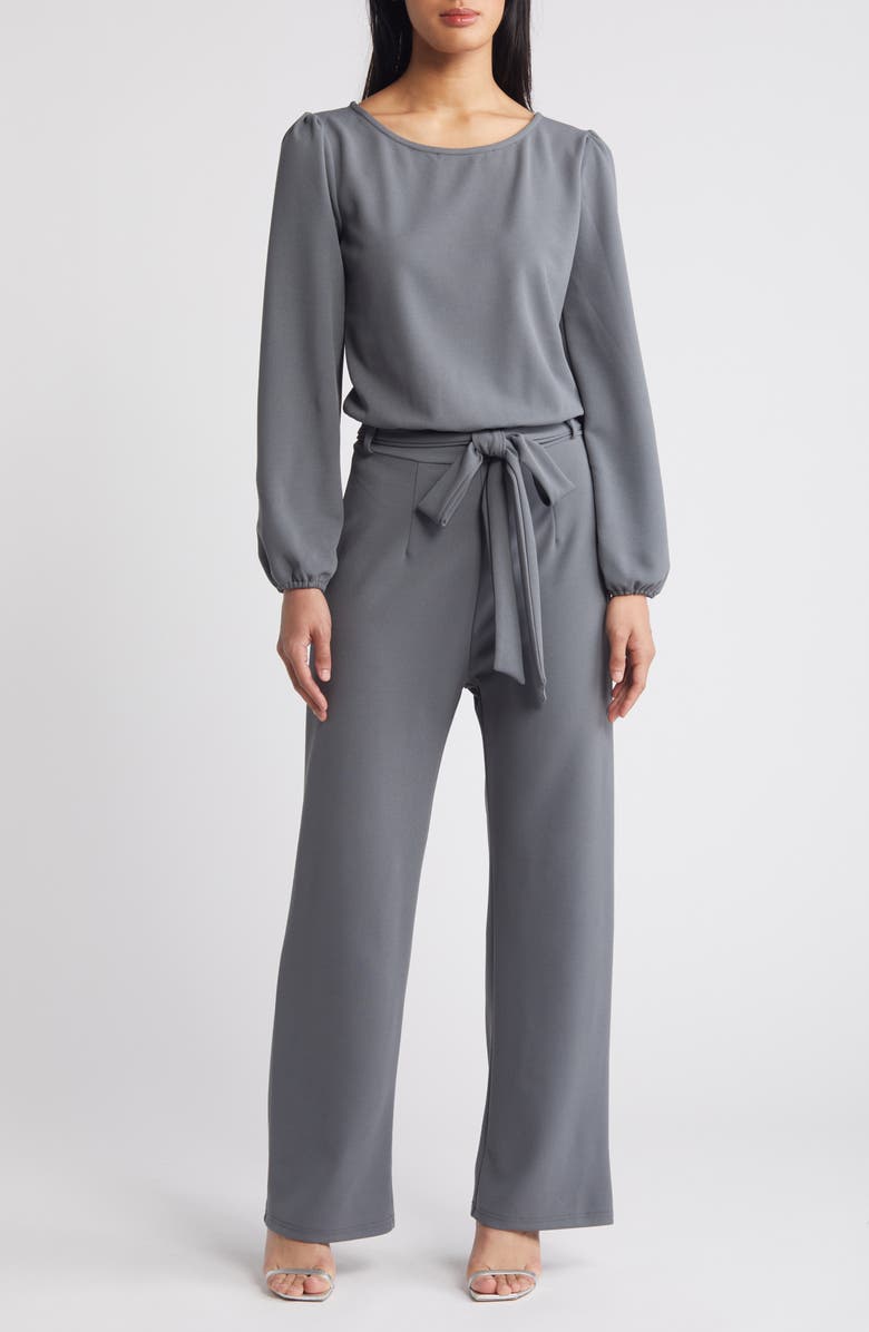 NIKKI LUND Laurie Long Sleeve Tie Waist Jumpsuit, Main, color, Grey