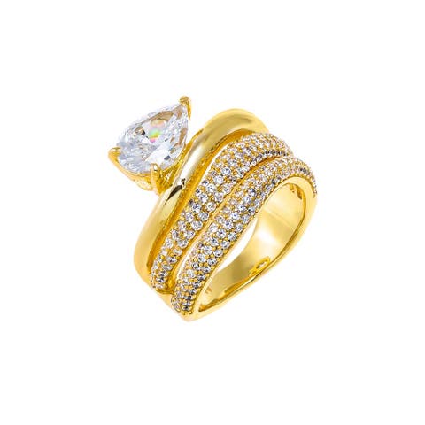 Solid/Pave Waved Triple Band W/ Pear Stone Ring