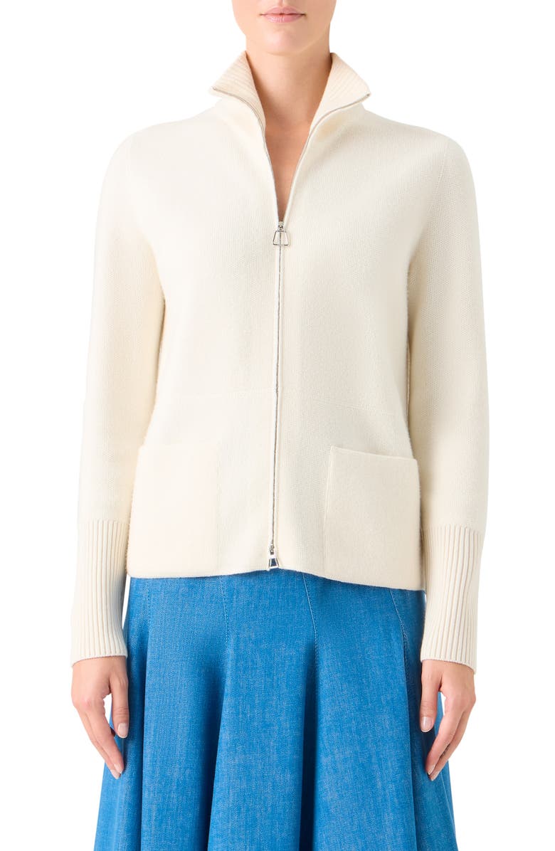 Akris Cashmere Piqué Zip-Up Cardigan, Main, color, Ecru