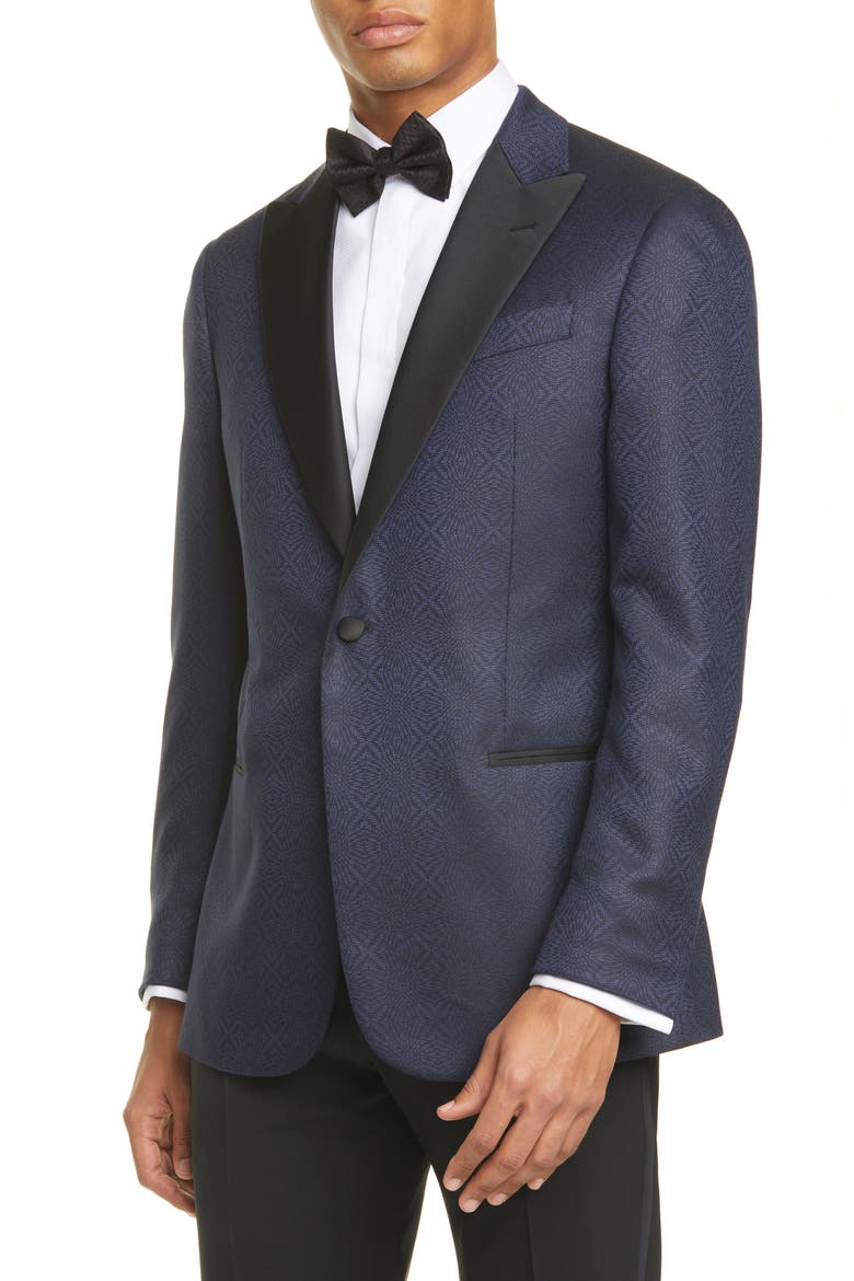 G Line Trim Fit Geometric Wool & Silk Dinner Jacket, Main, color, BLUE