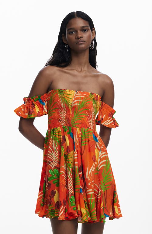 Desigual Tropical Print Off The Shoulder Cover-up Minidress In Orange