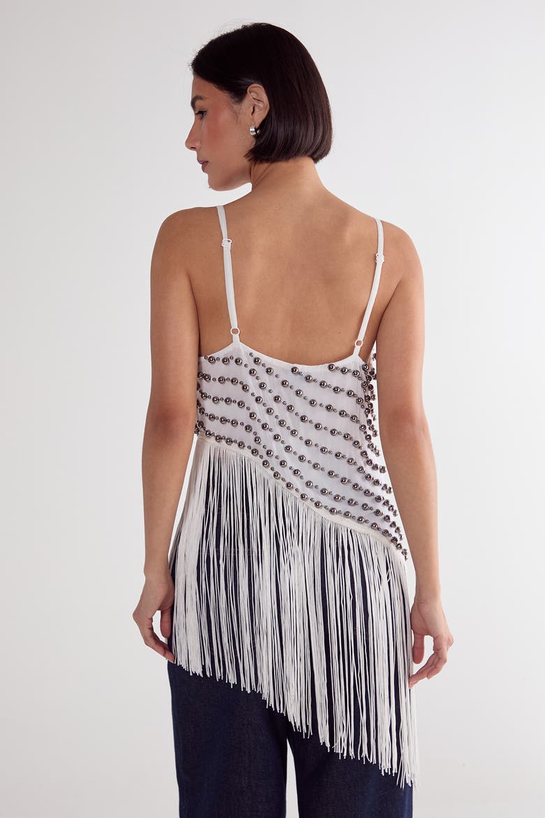 Studded Asymmetric Fringed Cami Top, Alternate, color, White