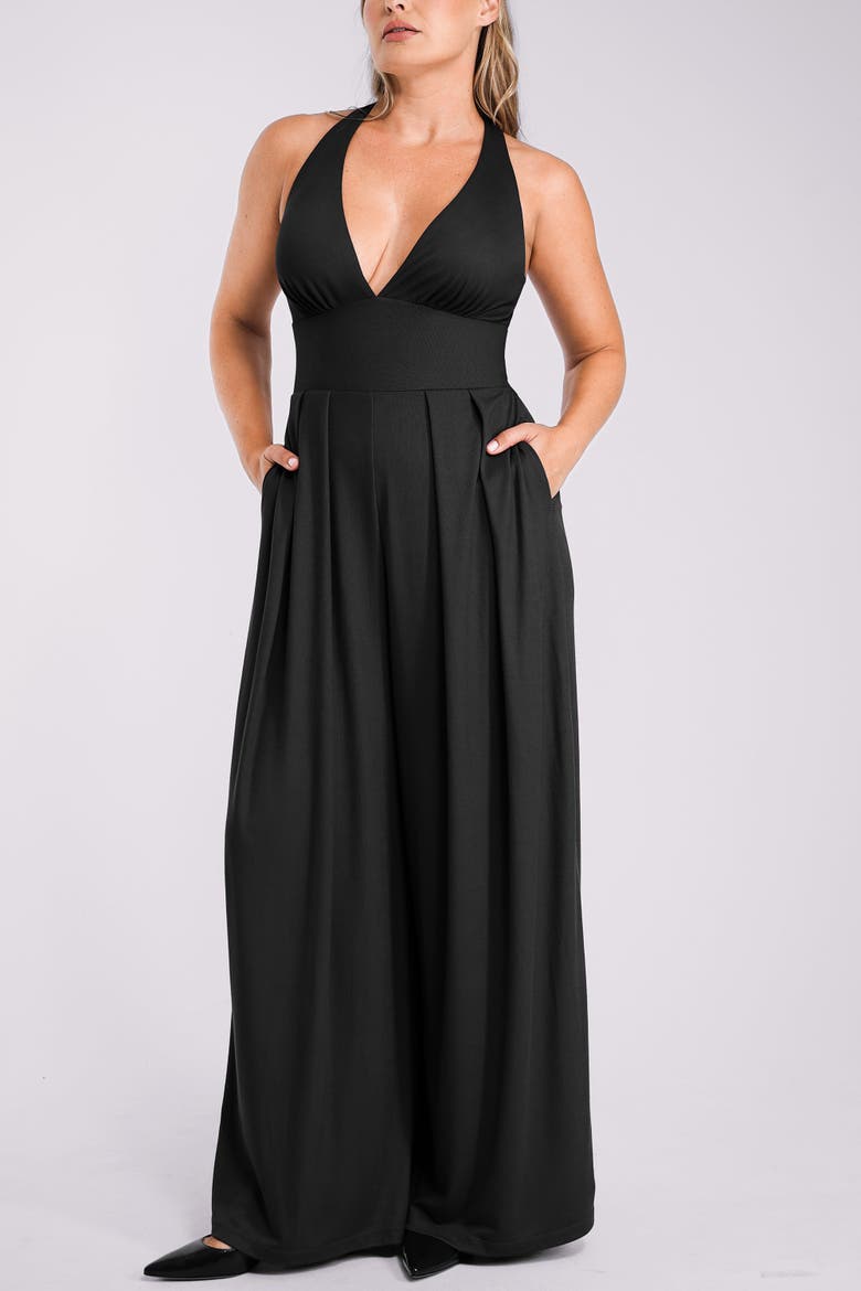 Plunge Shaping Wide Leg Jumpsuit, Alternate, color, Black