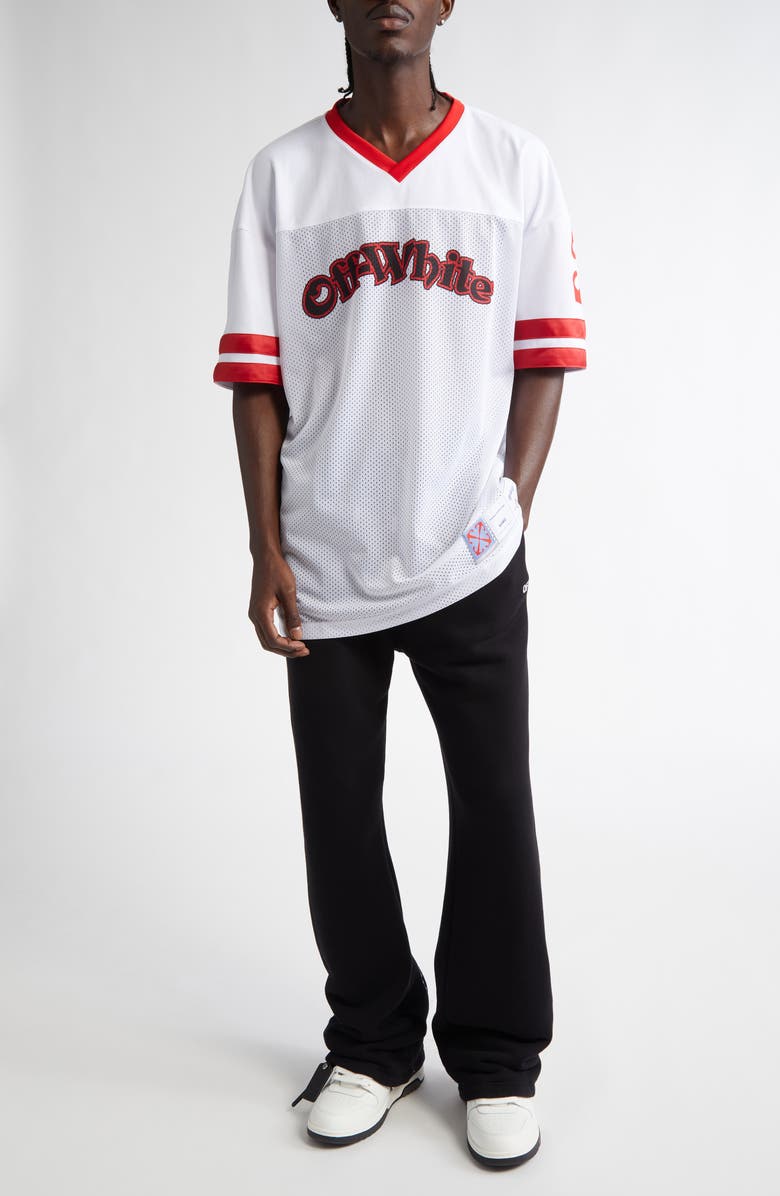 Off-White Gothic Logo V-Neck Football Mesh Graphic T-Shirt, Alternate, color, 