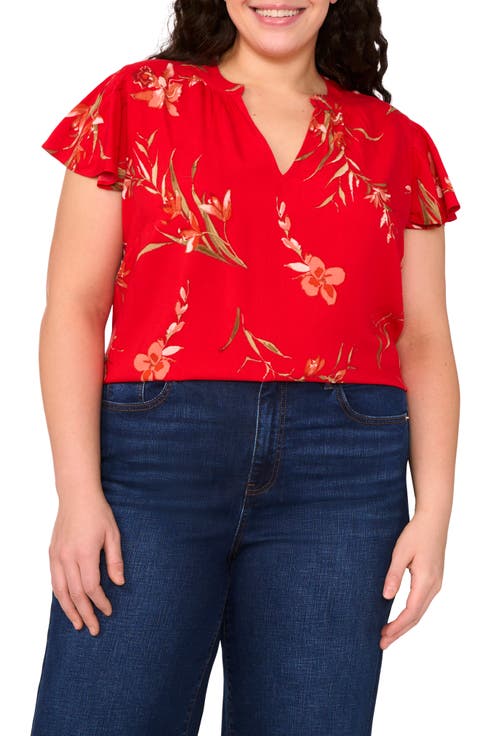 Floral Flutter Sleeve V-Neck Challis Top (Plus)