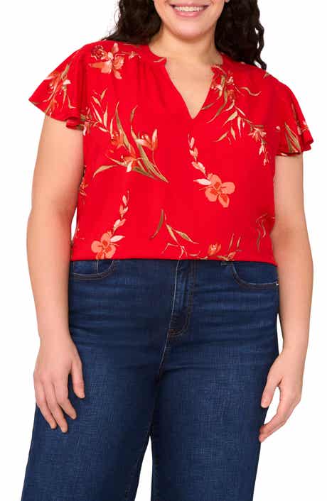 CeCe Floral Flutter Sleeve V-Neck Challis Top