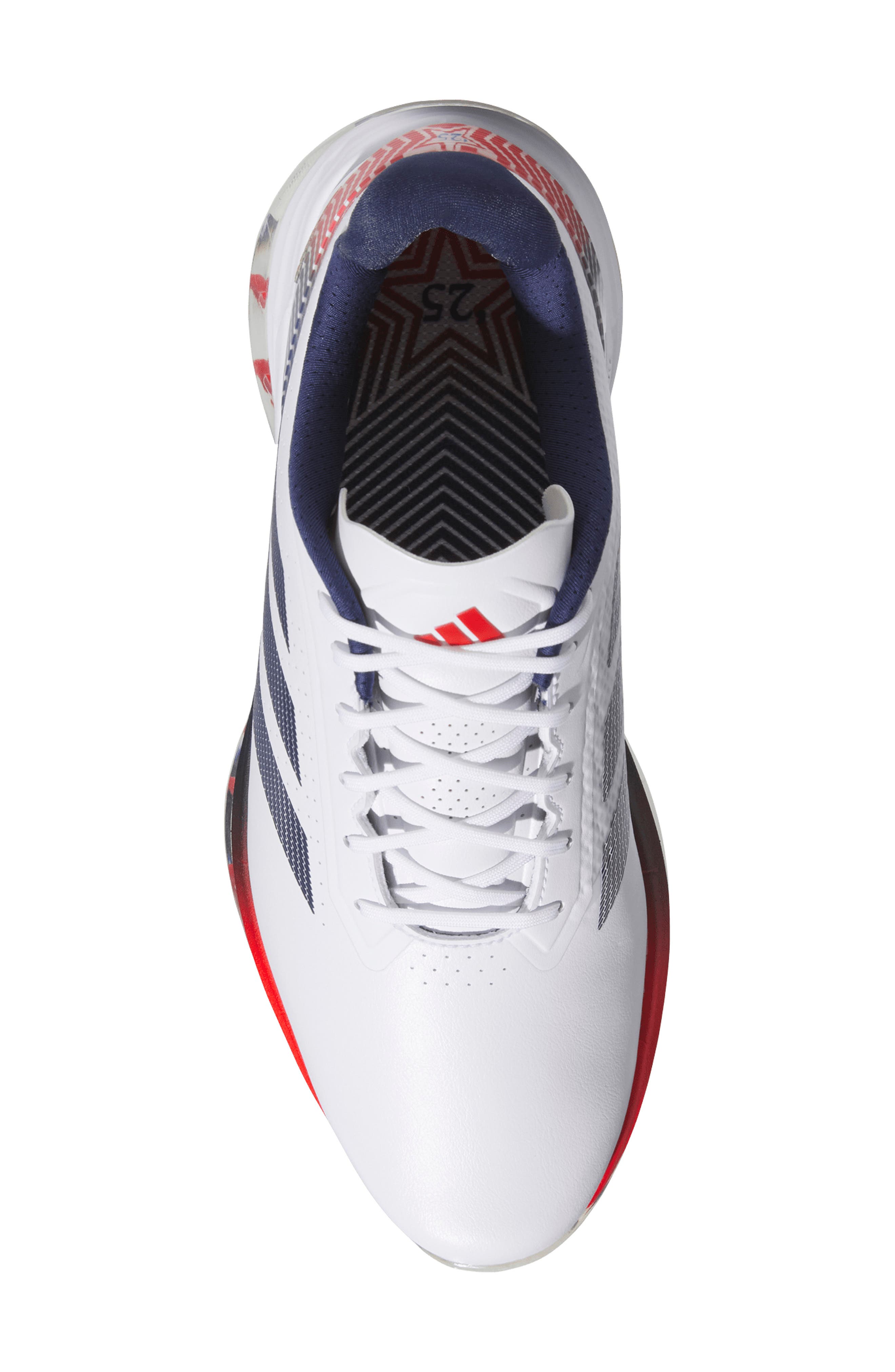 Adizero ZG Waterproof Golf Shoe, Alternate, color, WHITE/ DARK BLUE/ RED
