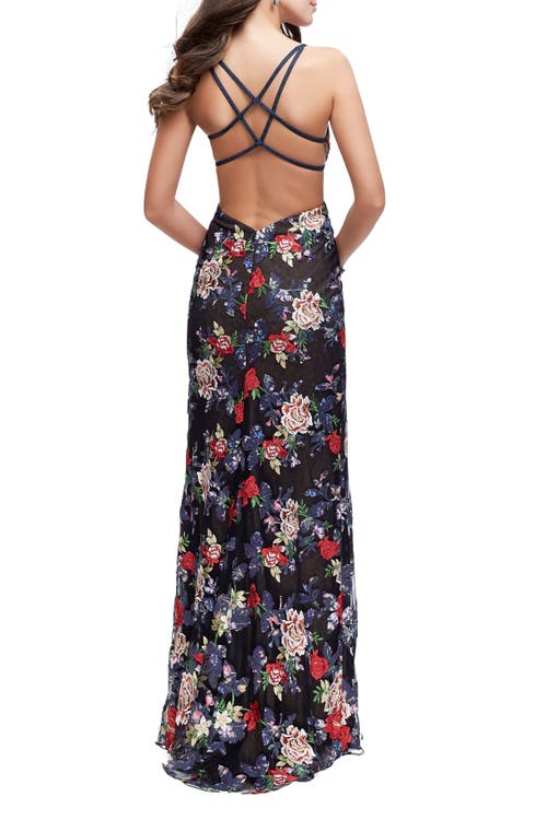 La Femme Floral Print Prom Gown With Plunging Neckline And Leg Slit In Multi