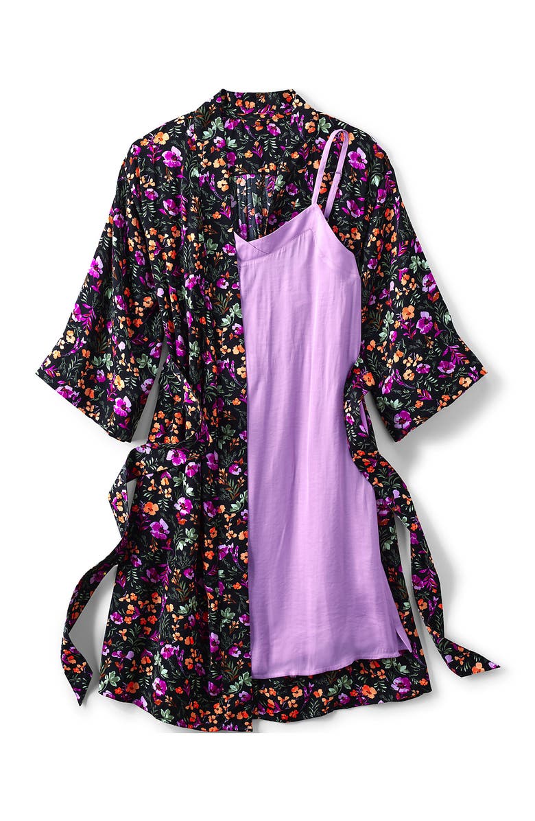 Lands' End Matte Satin 2 Piece Pajama Set - Nightgown and Robe, Alternate, color, Black Large Watercolor Floral