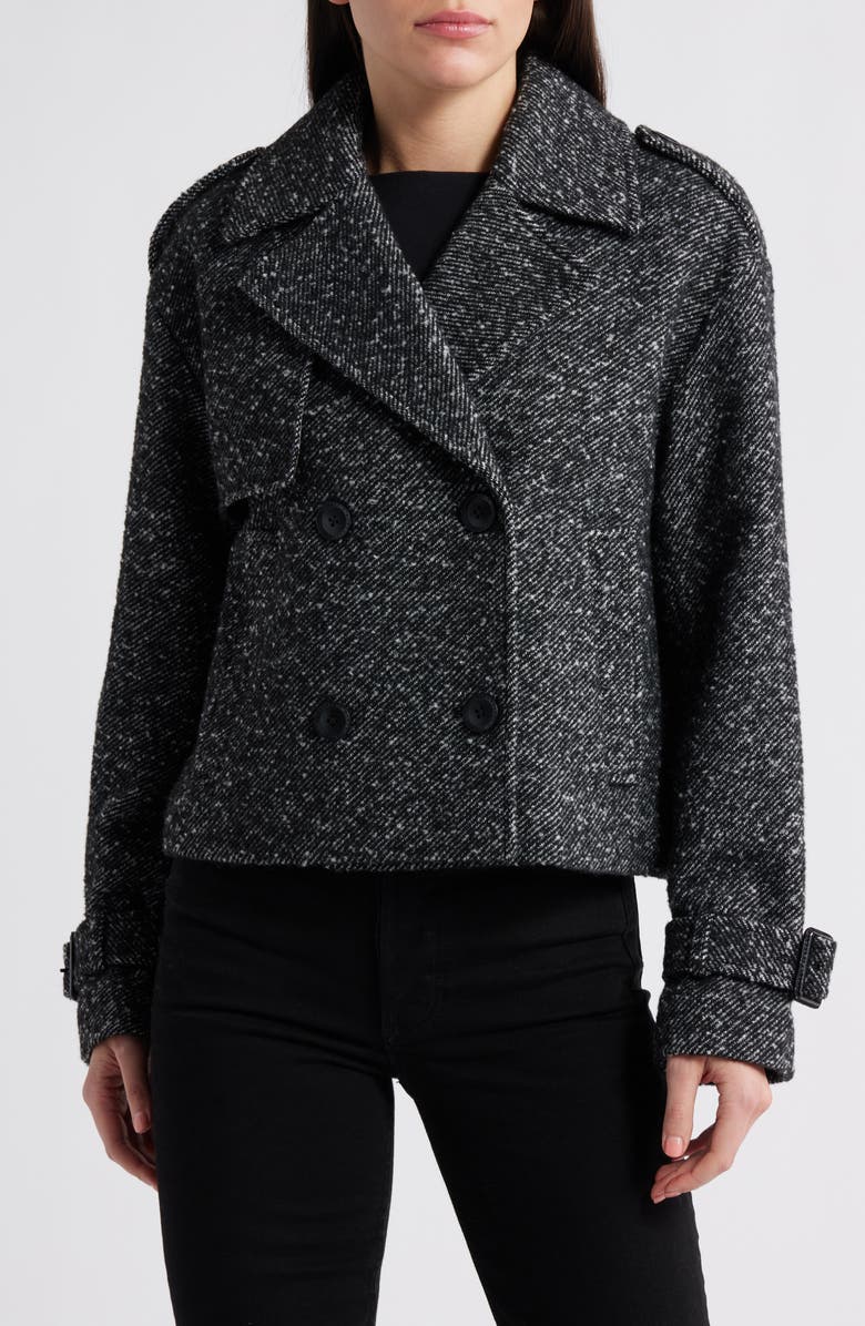 BCBGMAXAZRIA Short Trench Peacoat, Main, color, Black White Herrington