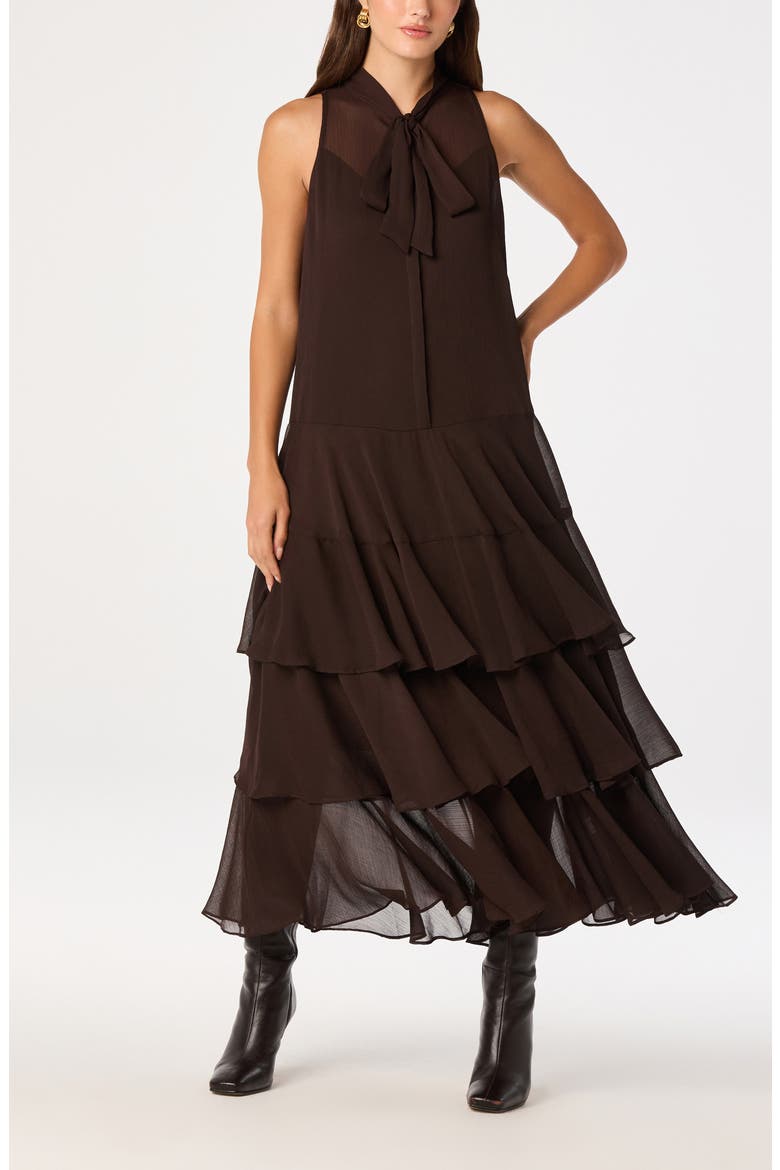 Katheryn Tie Neck Tiered Midi Dress, Main, color, ESPRESSO