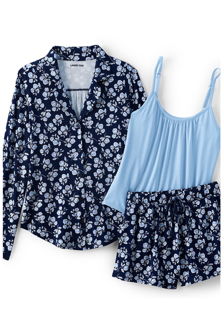 Plus Size Cooling 3 Piece Pajama Set - Long Sleeve Top Cami and Shorts, Alternate, color, Deep Sea Navy Blooms