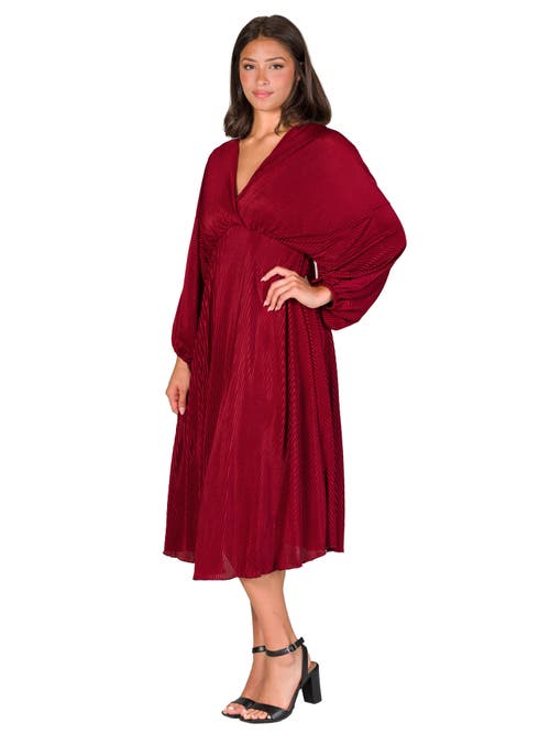 24seven Comfort Apparel Shimmer Pleated V-neck Empire Waist Bishop Sleeve Midi Dress In Burgundy