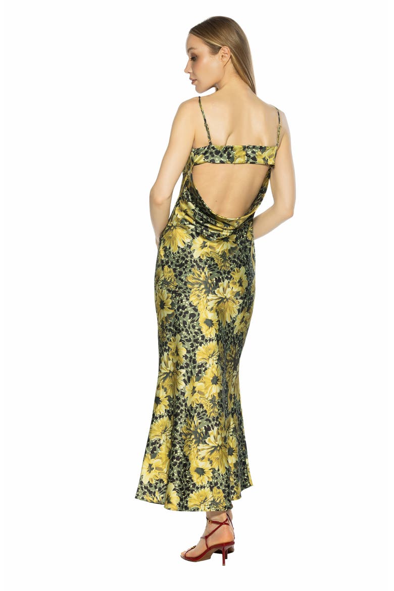 Slo Draped Open Back Satin Maxi Dress, Alternate, color, GREEN FLORAL