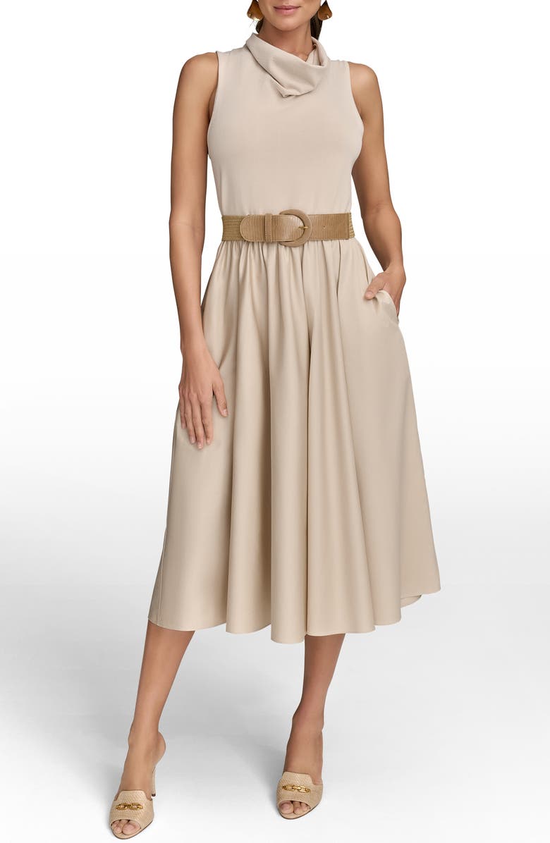 Donna Karan New York Cowl Neck Mixed Media Midi Dress, Main, color, Sand/ Sand