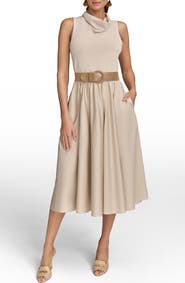Donna Karan New York Cowl Neck Mixed Media Midi Dress