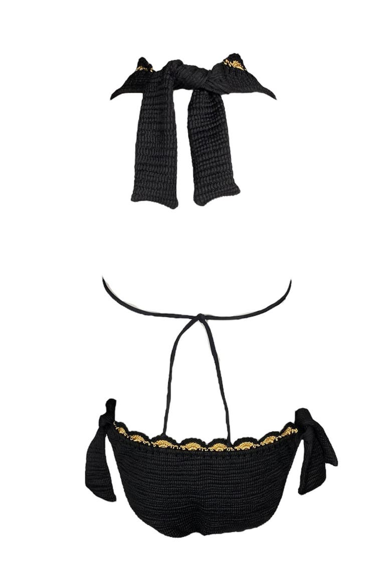 Kids' Triangle Hand-Crochet Flower Detail Two-Piece Swimsuit, Alternate, color, Black
