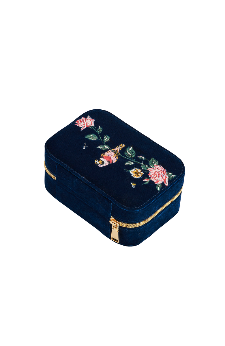 Fable England Rosy Posy Embroidered Blue Large Jewellery Box, Alternate, color, Navy