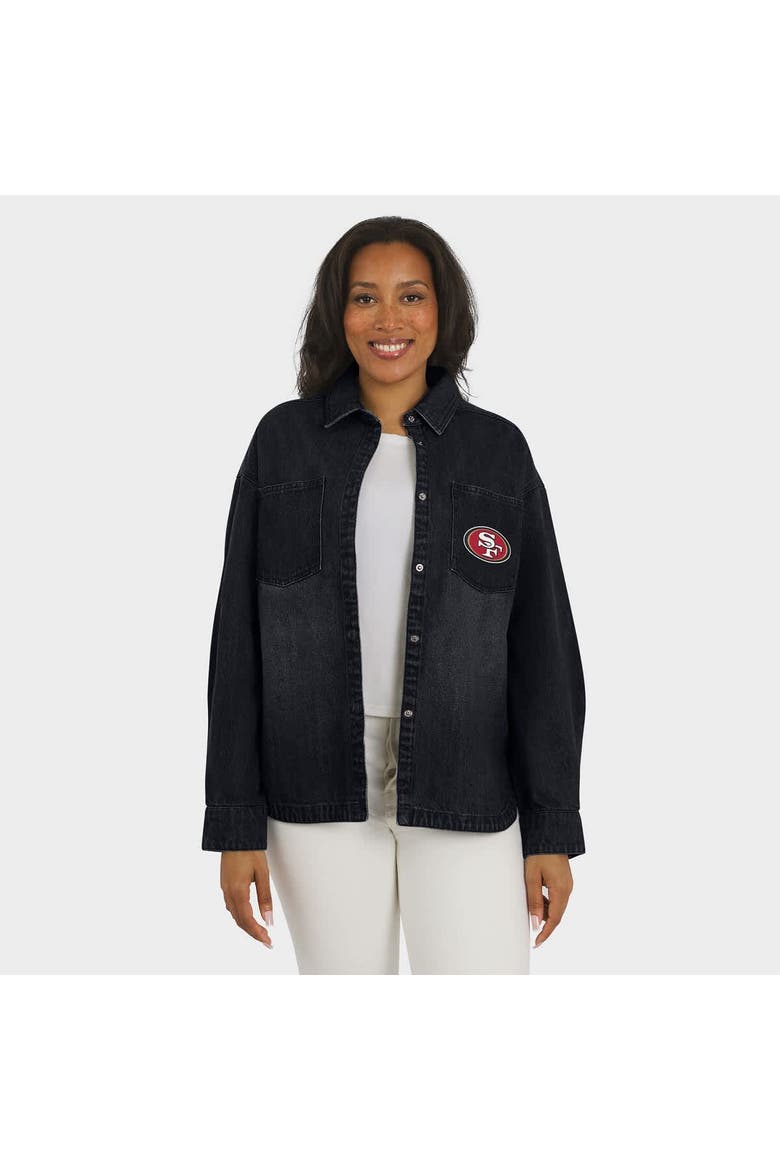 Women's WEAR by Erin Andrews Black San Francisco 49ers Washed Oversized Denim Full-Snap Shacket, Alternate, color, Black