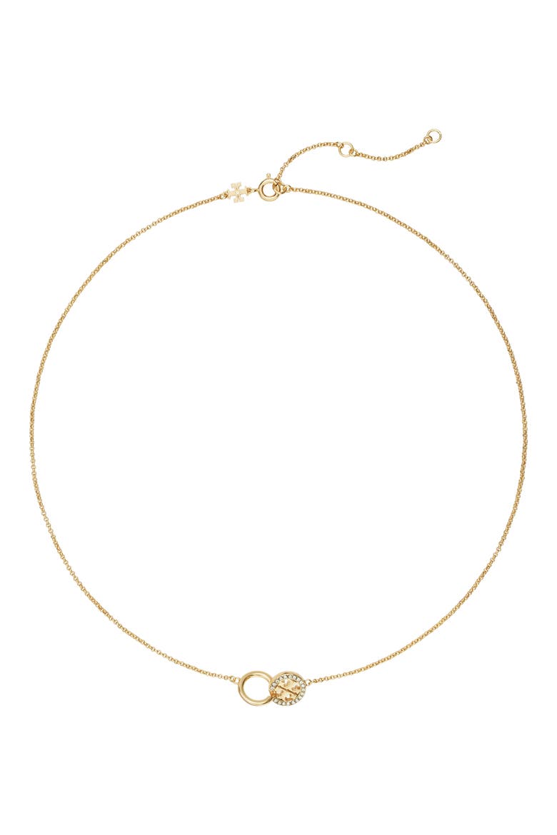Icon Pavé Interlocking Pendant Necklace, Main, color, TORY GOLD / CRYSTAL