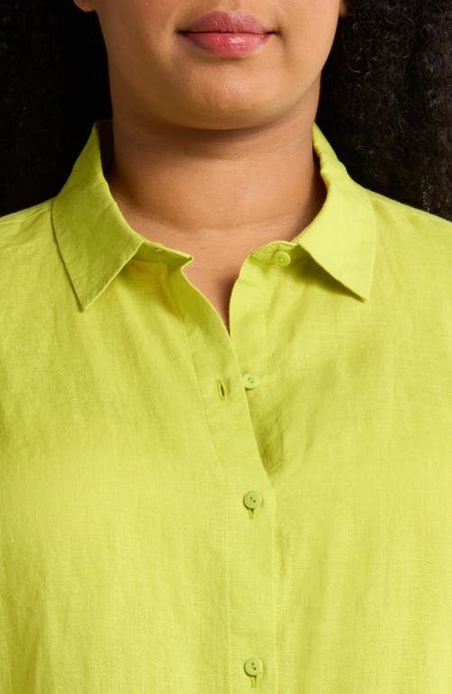 Eileen Fisher Classic Collar Organic Linen Button-up Shirt In Chartreuse