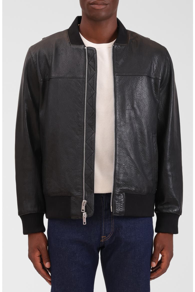Leather Bomber Jacket, Main, color, BLACK